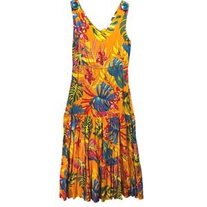 Zoey and Leelo Tropical Floral Midi Dress Womens S Orange Tiered Ruffle Boho